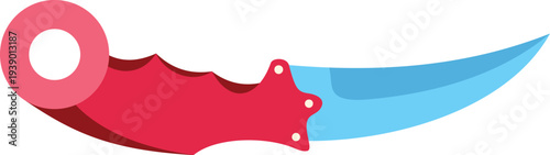 Minimalistic illustration of a curved knife with a red handle and shiny blue blade
