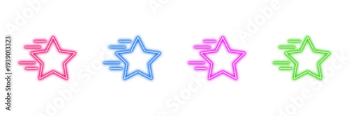 Neon glowing fast star vector icons set, rating, favorite, success, quality, vibrant, colorful digital design illustration on transparent background.
