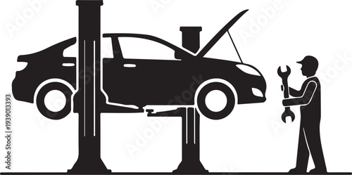 Car on lift and mechanic icon, vector. Car service repair simple illustration.