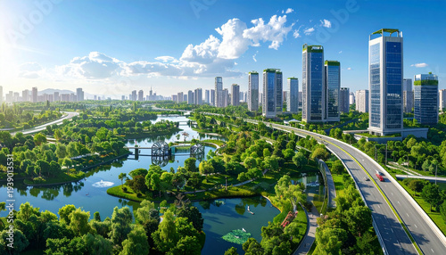 A visionary blend of nature and architecture, featuring modern glass towers integrated into a lush, green landscape with serene waterways and winding roads for a sustainable future.