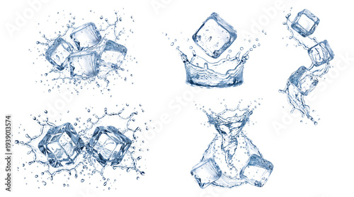 Foto ice cubes in motion, creating dramatic water splashes and droplets against a dark background