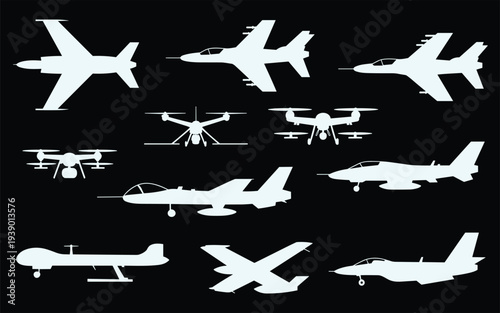Various Aircraft Silhouettes Including Jets and Drones on Black Background