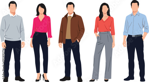 Diverse modern professionals group in smart casual sweaters blazers shirts pants standing together flat vector illustration men women fashion collection isolated on white