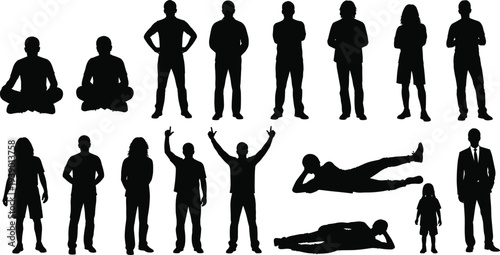 Diverse people silhouettes collection, men women children in various standing sitting lying poses full body different positions isolated black