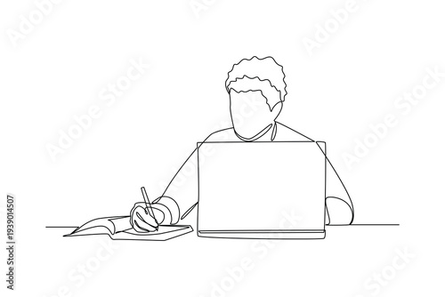 Student Writing Notes Laptop. Online course learning scene Concept. Single line draw design Video 4k. Footage graphic illustration