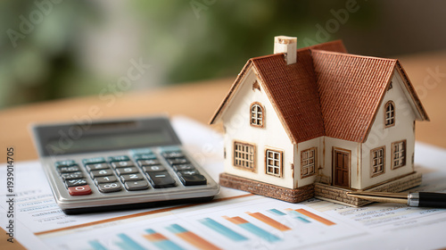 real estate finance concept with house model and calculator placed on report showing mortgage planning loan interest homeownership budget analysis and property investment strategy