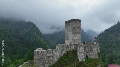 Historical Zilkale (Zil Kale) Castle located in Camlıhemsin, Rize and Kackar Mountains in the background