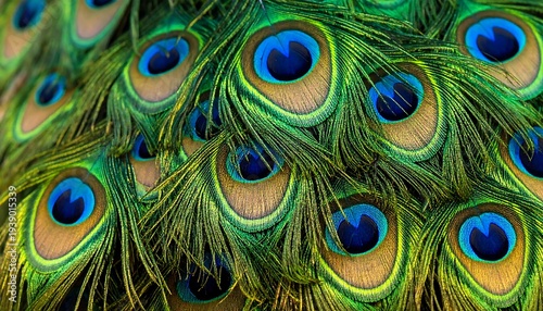 Vibrant, close-up showing layered peacock feathers with iridescent colors and eye-like patterns