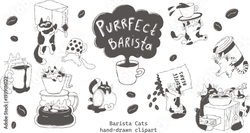 Whimsical Barista Cats Hand Drawn Line Art