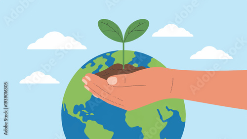 A hand cradles a globe with a small green plant sprouting from soil symbolizing environmental care and sustainability under a serene sky with clouds