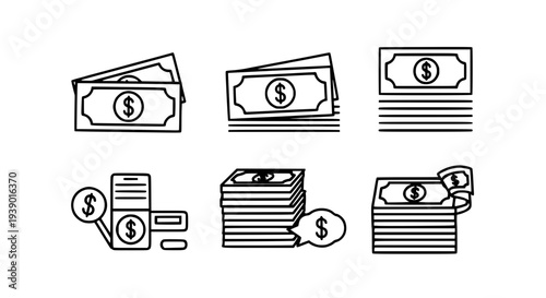 Bills and stacks set with dollar sign icons and money symbols featuring finance, currency, banking with wealth and cash
