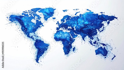 Artistic blue watercolor rendering of world map against a clean white backdrop