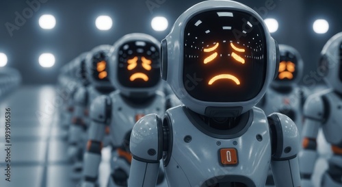 Sad Robot Army with Glowing Orange Frown Faces Standing in a Row in a Futuristic High Tech Factory or Laboratory