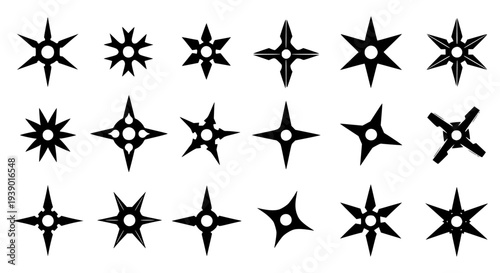 Set of 18 Shuriken Ninja Star Icons Vector Black Silhouette Japanese Martial Arts Weapon Symbols for Game Design
