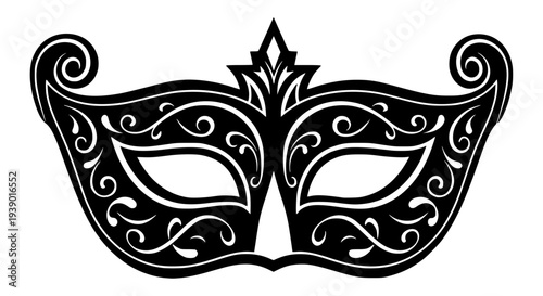 Elegant Black Venetian Masquerade Mask Vector with Ornate Filigree Swirls for Carnival Party and Mardi Gras Celebration