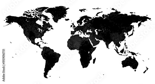 World map illustration in black halftone texture on white featuring global, geography, cartography with planet and