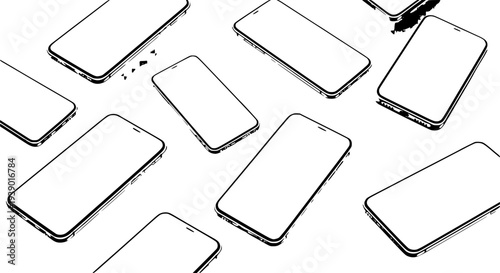 Smartphones collection with blank screens scattered on white background, isometric view featuring smartphone, mobile