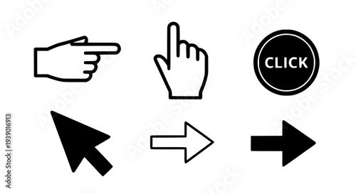 Arrows and hands icon set with pointing and clicking elements featuring arrow, hand, pointer with click and cursor