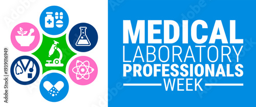 Medical Laboratory Professionals Week Banner or background. White Graphic with Bold Blue and Green Typography and a Circular Green Icon featuring Laboratory Symbols like a Microscope, Flask, and Pills
