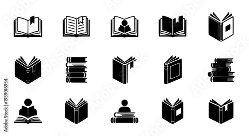 Books set icons in black flat style with open and closed covers, stacks and people reading them. featuring book,