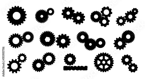 Gears set with various sizes and shapes in black featuring mechanical parts, machinery, cogwheels with engineering and