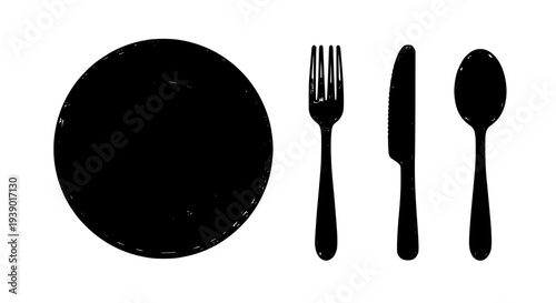 Cutlery set with plate, fork, knife, and spoon in black silhouettes featuring utensils, tableware, dinnerware with