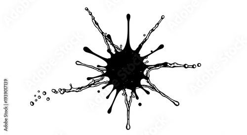 Ink splash black with droplets and splatters around it abstract art featuring splatter, messy, chaotic with artistic