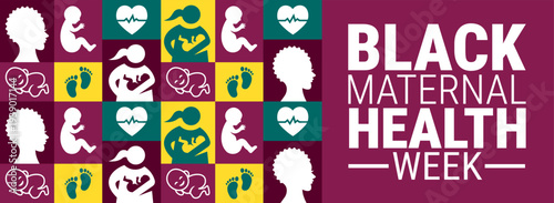 Black Maternal Health Week Banner or background. Maroon Graphic with White Typography and a Multi-Color Grid of Icons Featuring Mother and Infant Silhouettes, Baby Footprints, and Heart Monitors.