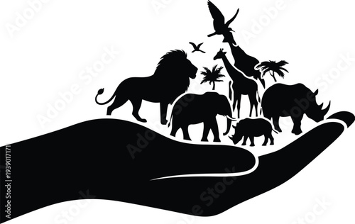 Human hand protecting group of wild savanna animals silhouette
