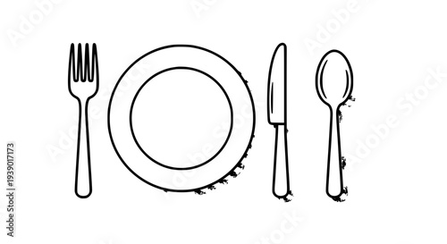 Cutlery set with plate simple black line drawing featuring utensils, fork, knife with spoon and dinnerware elements for