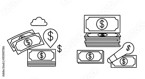 Bills set with dollar signs in stacks and loose notes featuring money, finance, currency with banking and wealth