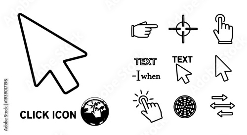 Cursor icons set with various pointer and click symbols featuring icon, symbol, mouse with arrow and hand elements for