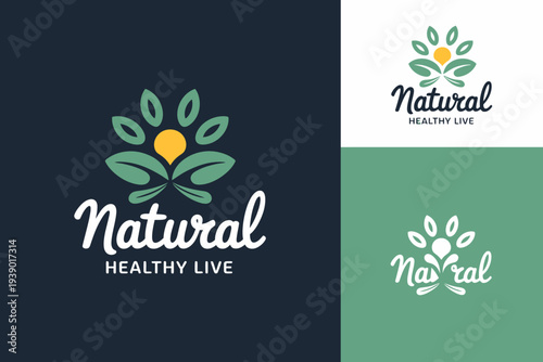 A modern minimalist featuring a green leaf with a yellow center and the text Natural Healthy Live