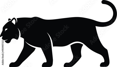 Black silhouette of a panther walking, isolated on transparency background, vector illustration with simple lines