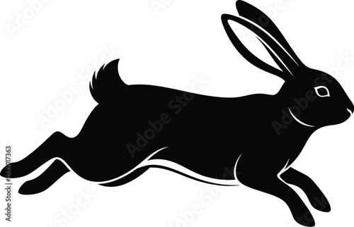 Black silhouette of a rabbit running with long ears on a transparent background