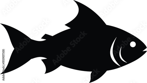 Black silhouette of a fish with fins and a detailed eye, representing aquatic life or seafood