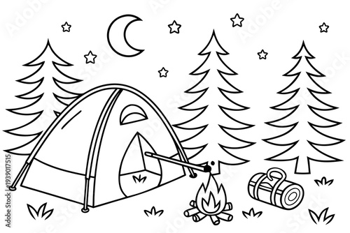 Camping Adventure Coloring Page for Kids - Tent, Campfire, Marshmallow Line Art