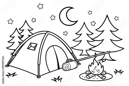 Camping Adventure Coloring Page for Kids - Tent, Campfire, Marshmallow Line Art