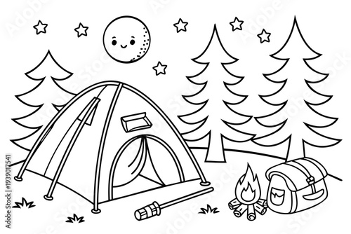 Camping Adventure Coloring Page for Kids - Tent, Campfire, Marshmallow Line Art