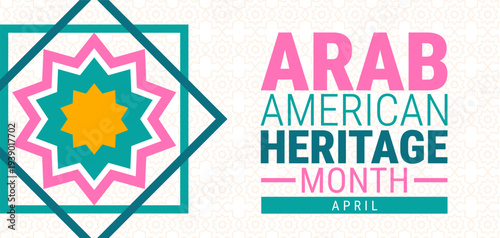 Arab American Heritage Month background or Banner with Large Colorful Islamic Geometric Star Ornament and Subtle Pattern Background, April Cultural Diversity Header for Social Media and Web Design