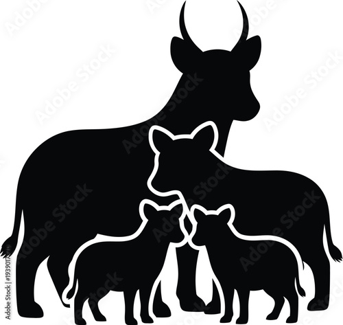 Cows family silhouette black vector illustration isolated on transparent background farm animal herd including adult cow and calves
