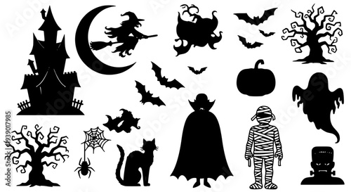 Halloween icons set with bats, witches, and ghosts featuring mummy, cat, spider with web and house elements for tree,