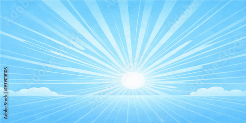 Bright summer nature backdrop featuring a sunny blue sky with clouds and a glowing sun burst emitting vibrant light rays and a flare for a beautiful day design