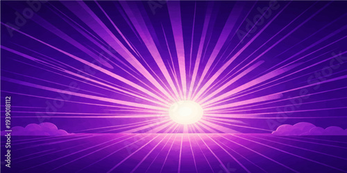 Abstract blue background featuring a bright sun burst of pink and purple rays creates a glowing vector illustration with light flare and space energy pattern