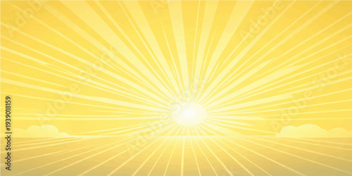 Bright yellow sunburst with orange rays shines through a summer sky to create a warm sunshine glow and a brilliant light burst illustration