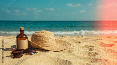 Canvastavla Photograph of summer vacation essentials, including a stylish straw hat, sunglasses, and a small bottle