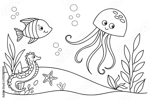 Deep Ocean Creatures Coloring Page for Kids - Octopus, Jellyfish, Seahorse Line Art