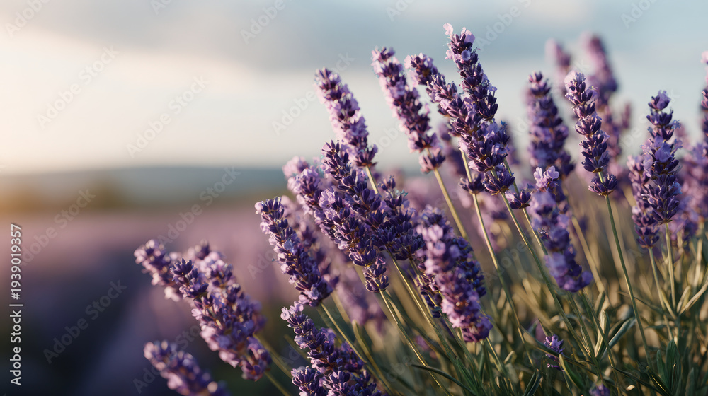 Fototapeta premium Close-up of blooming lavender field at sunset with soft golden light and blurred background