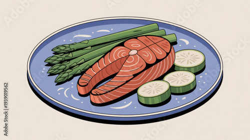 Grilled salmon fillet with asparagus and zucchini slices on blue plate