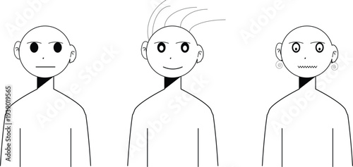 Three simple cartoon people with different facial expressions. A minimalist illustration featuring three cartoon figures side-by-side, each displaying a distinct emotion from neutral to happy to surpr